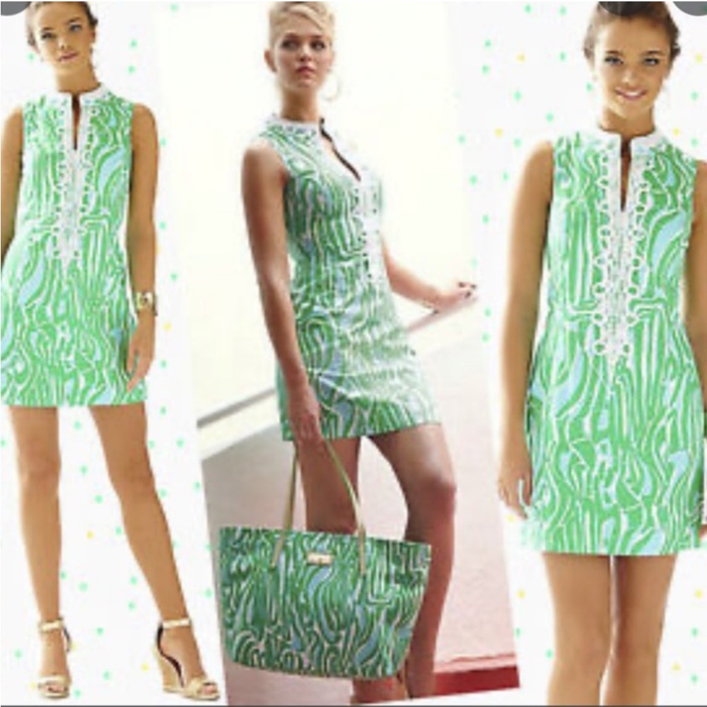 Lilly Pulitzer Alexa Zip Front Shift Dress White Blue Green A22